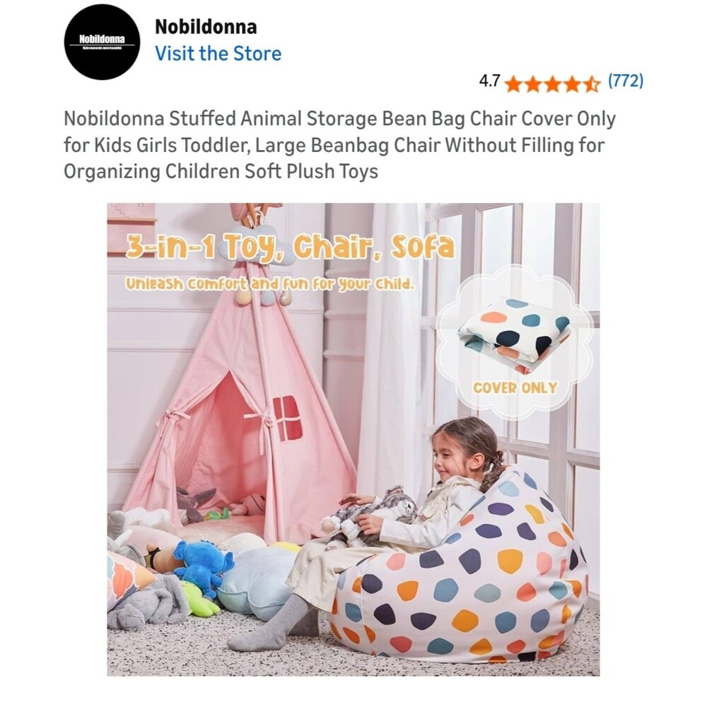 Nobildonna Stuffed Animal Storage Bean Bag Chair Cover fr Kids boy Girls Toddler